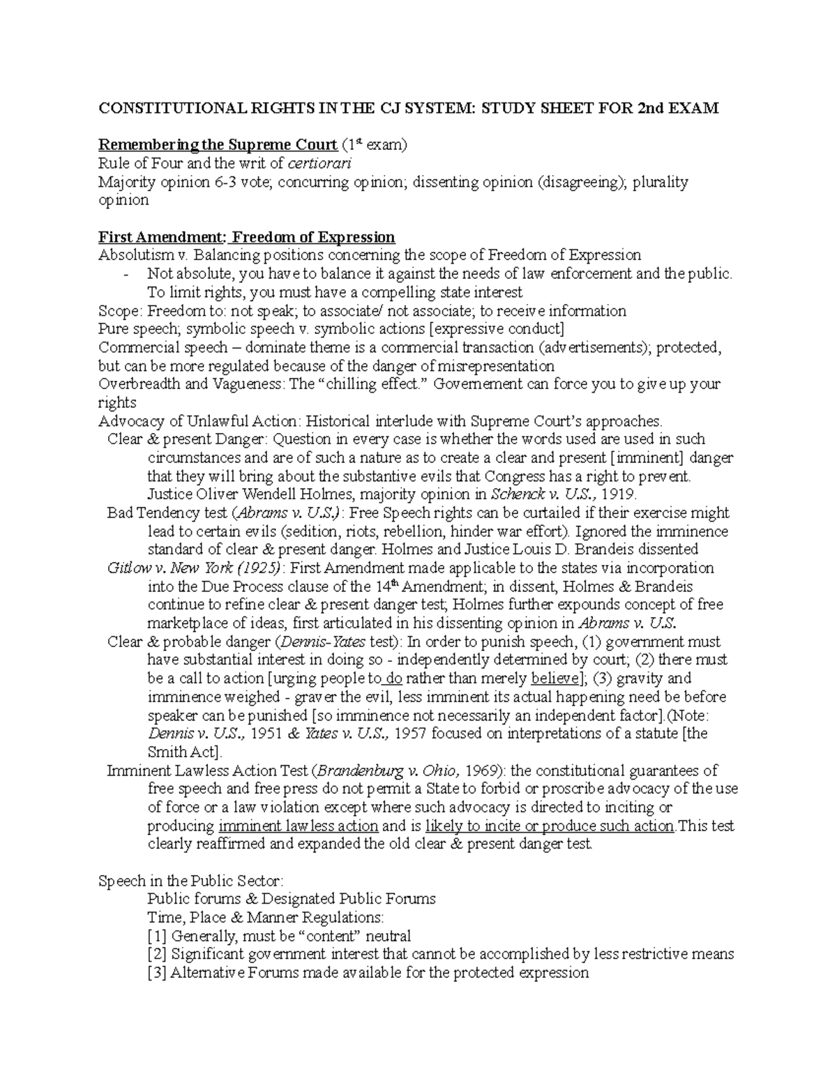 Study sheet two - CONSTITUTIONAL RIGHTS IN THE CJ SYSTEM: STUDY SHEET ...