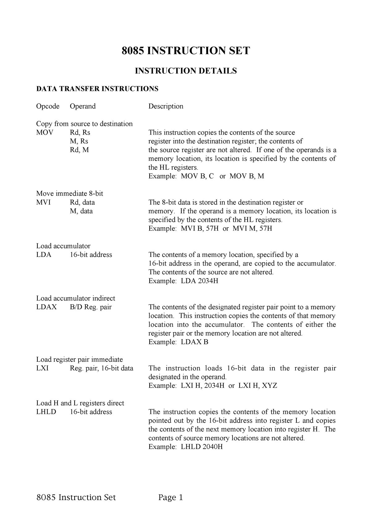 Instruction Set 8085 - Notes - 8085 INSTRUCTION SET INSTRUCTION DETAILS ...