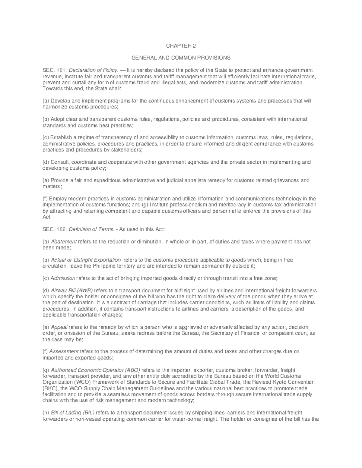 Doc - tax law customs - CHAPTER 2 GENERAL AND COMMON PROVISIONS SEC ...