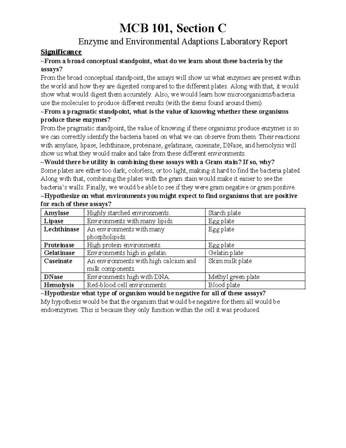 Mcb 101 lab report 4 - 100% - Enzyme and Environmental Adaptions ...