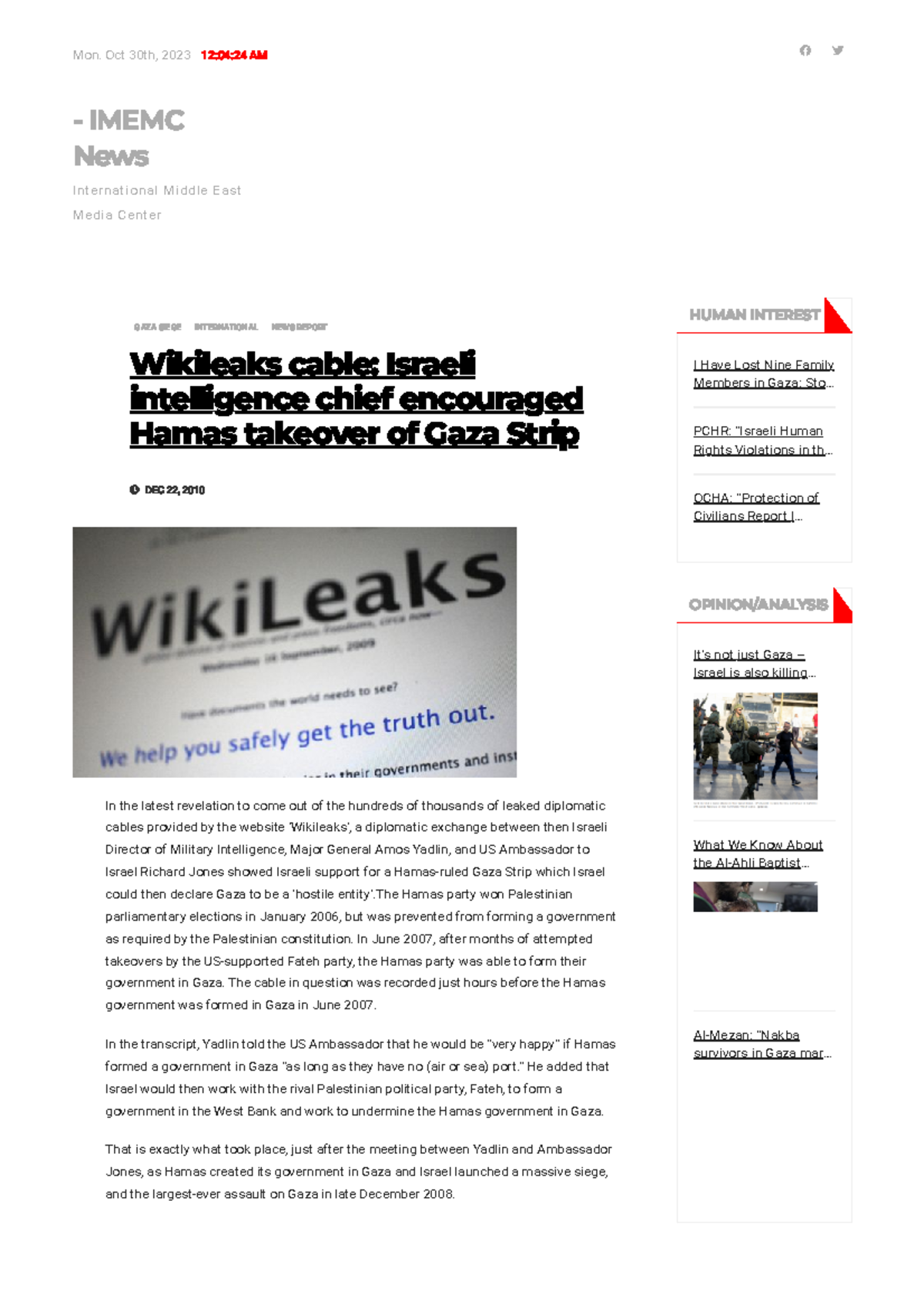 Wikileaks cable Israeli intelligence chief encouraged Hamas tak - Mon ...