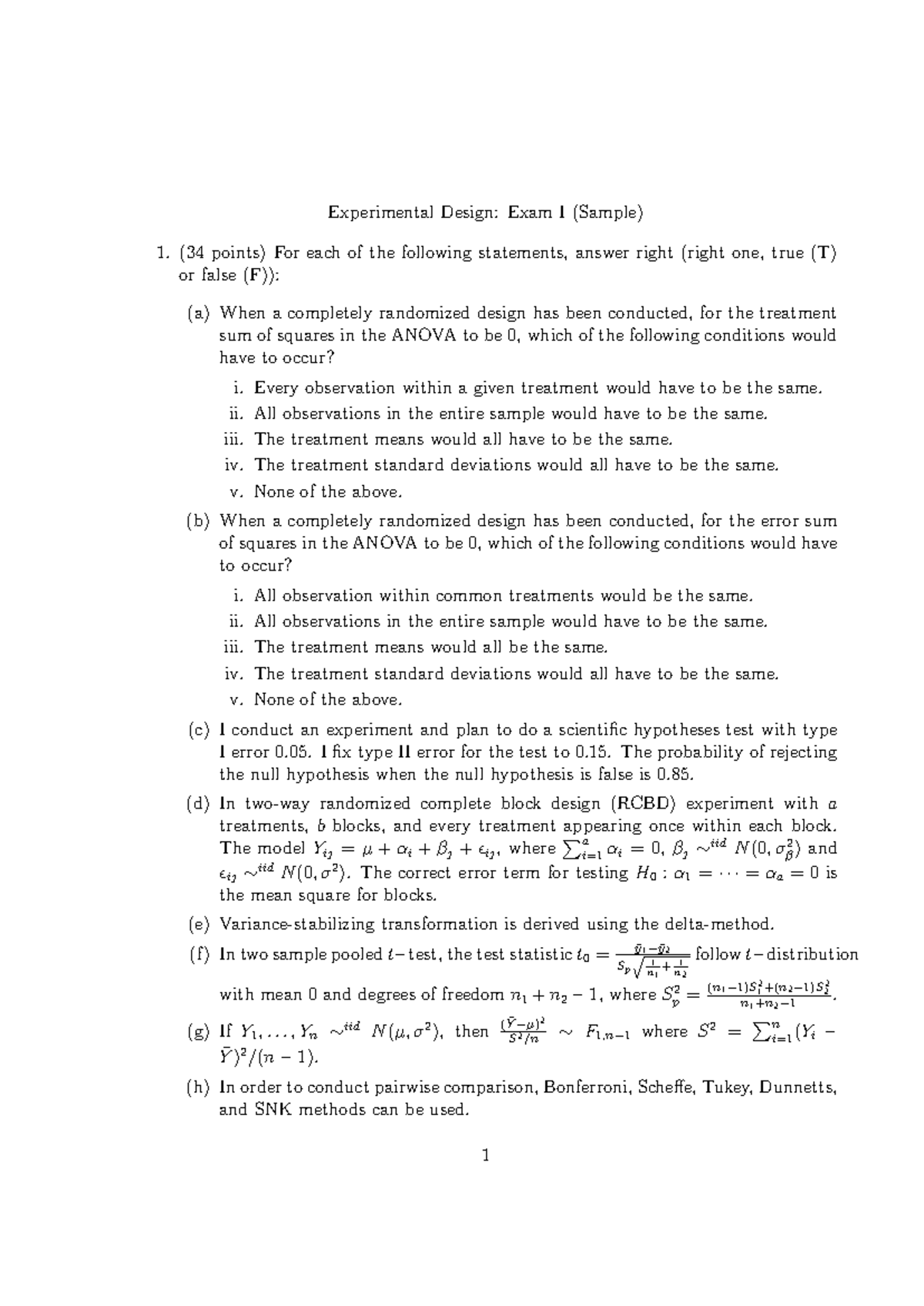 Sample Exam1 DOX - Experimental Design: Exam I (Sample) (34 points) For ...