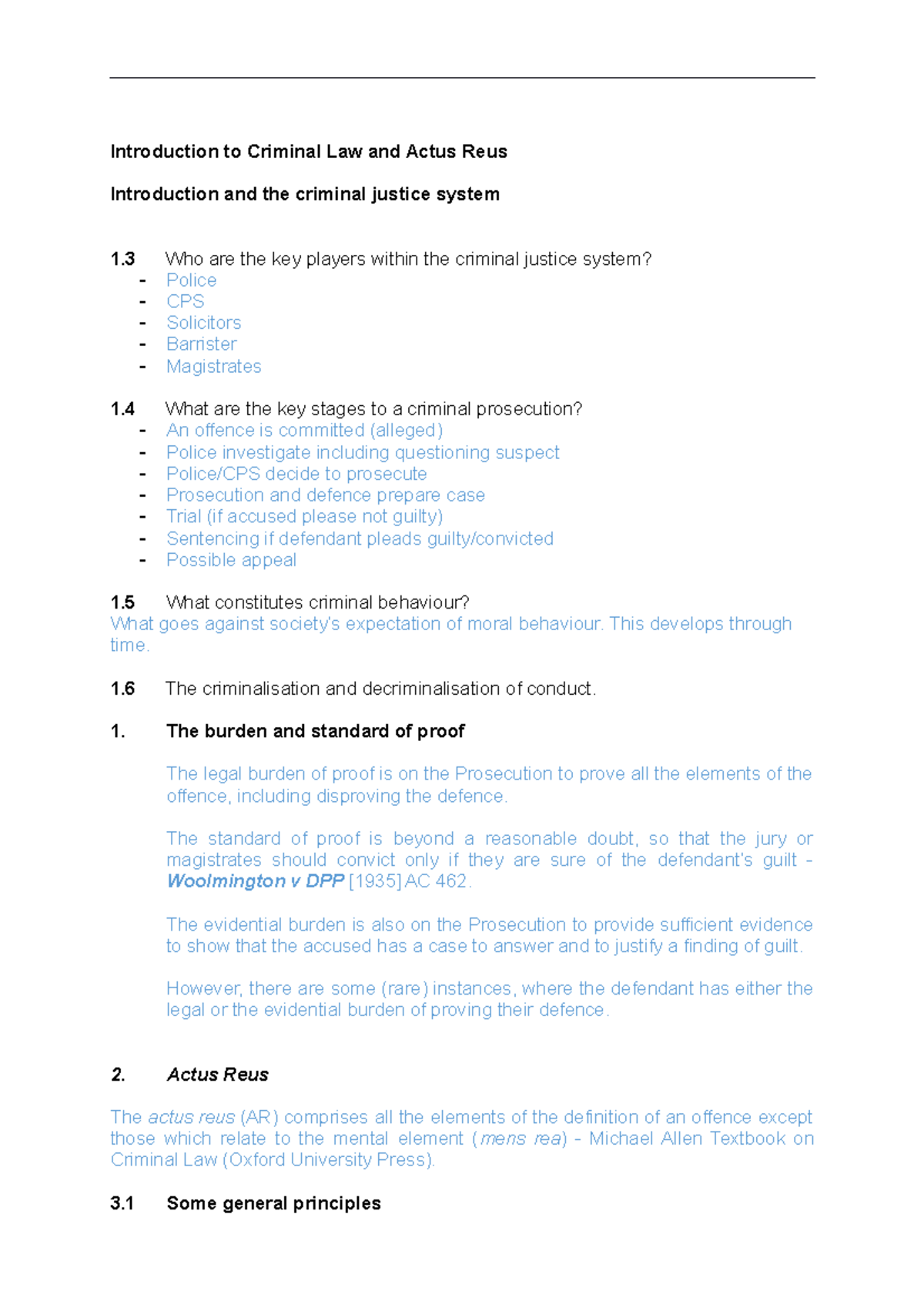 LG 1 Introduction to Criminal Law and Actus Reus - Introduction to ...