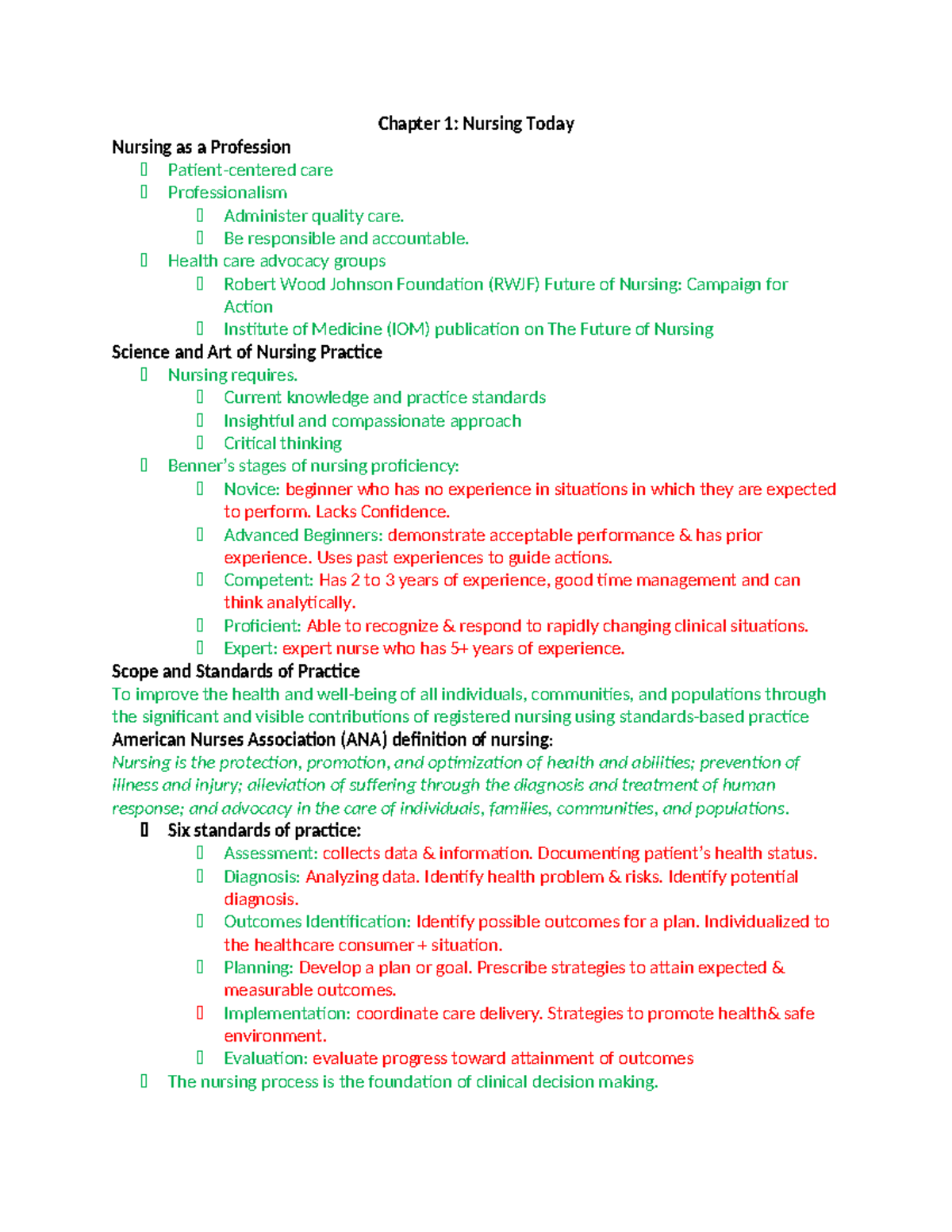 Chapter 1 Notes - Chapter 1: Nursing Today Nursing As A Profession ́ ...