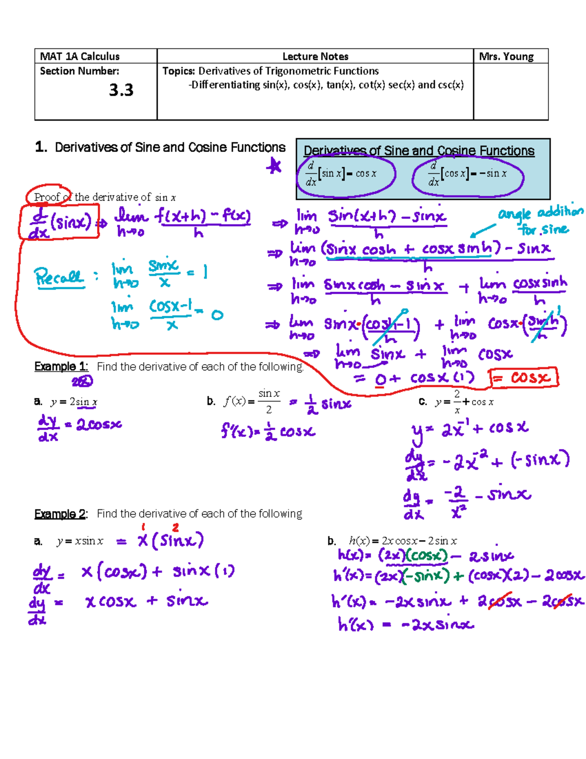 Lesson 3.3- Derivatives - Trig. Functions - MAT 1A Calculus Lecture ...