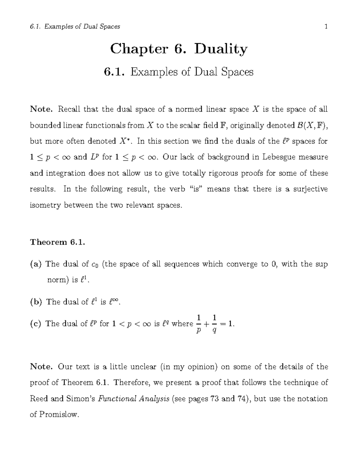 Awa2 Chapter 6. Duality 6. Examples of Dual Spaces Note. Recall that