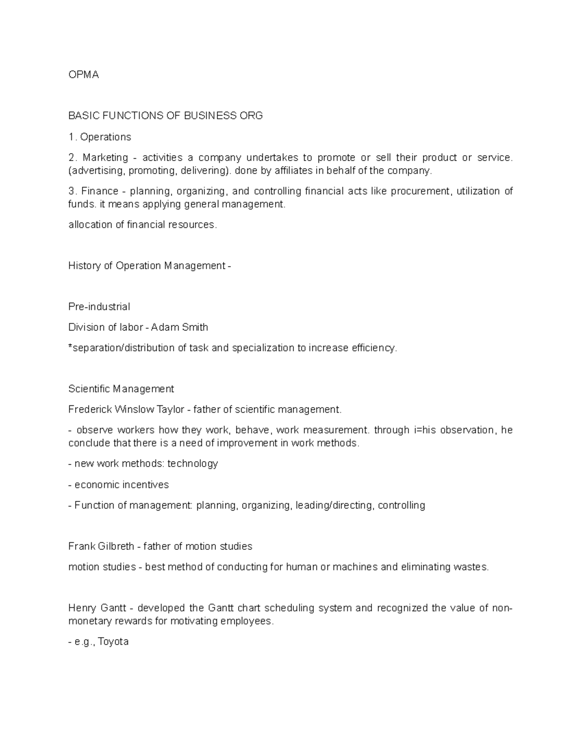 OPMA - Notes in Operations Management - OPMA BASIC FUNCTIONS OF ...