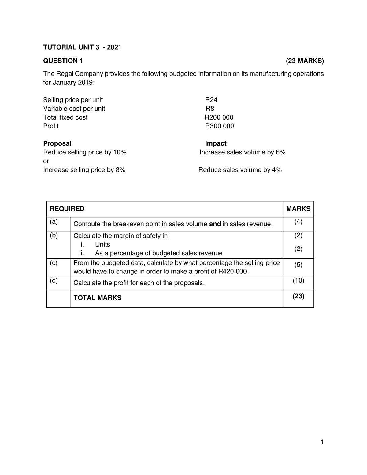 Tutorial Unit 3 CVP Analysis (Refresher) - 1 TUTORIAL UNIT 3 - 2021 ...