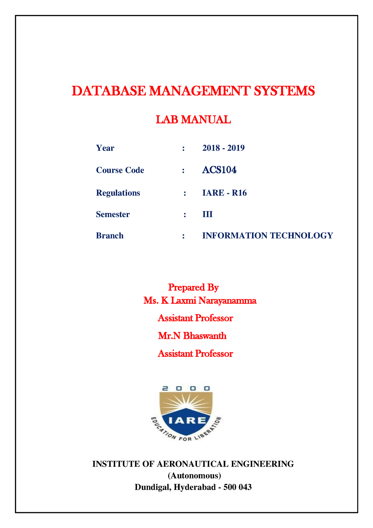 DBMS LAB Manual 2018 DATABASE MANAGEMENT SYSTEMS LAB MANUAL Year