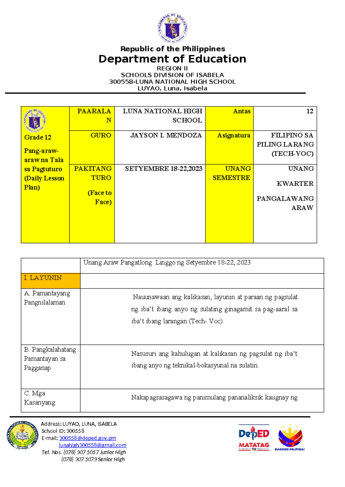 DLP SA Piling Larang Pangalawang ARAW PANG APAT Linggo - Department Of ...