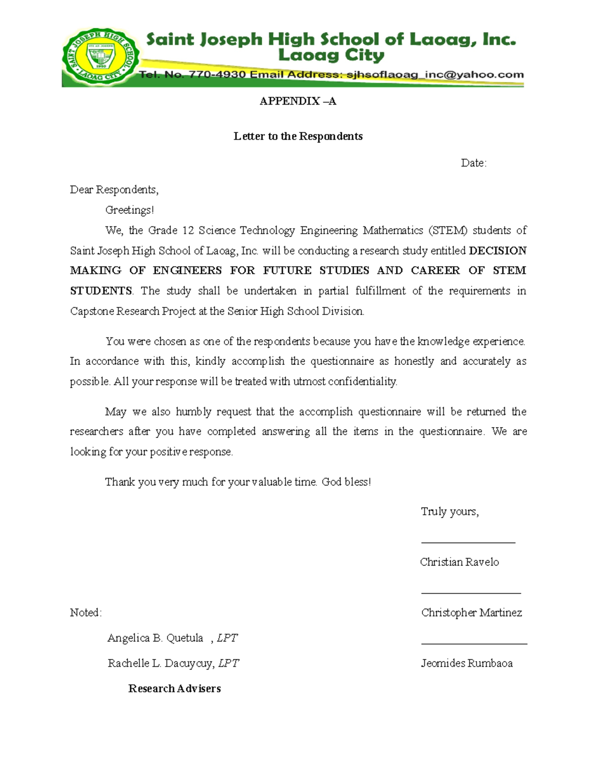 Stemquestionnaire Revised APPENDIX A Letter to the Respondents Date