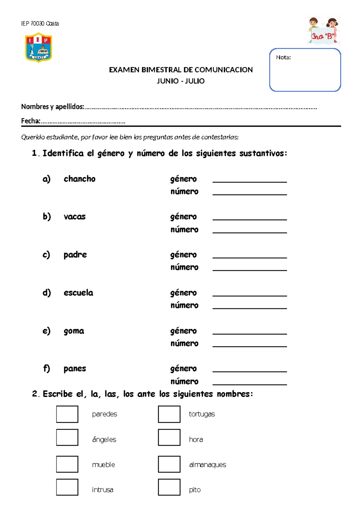 Eamen Bimestral DE Comunicacion Junio Julio - IEP 70030 Coata EXAMEN ...