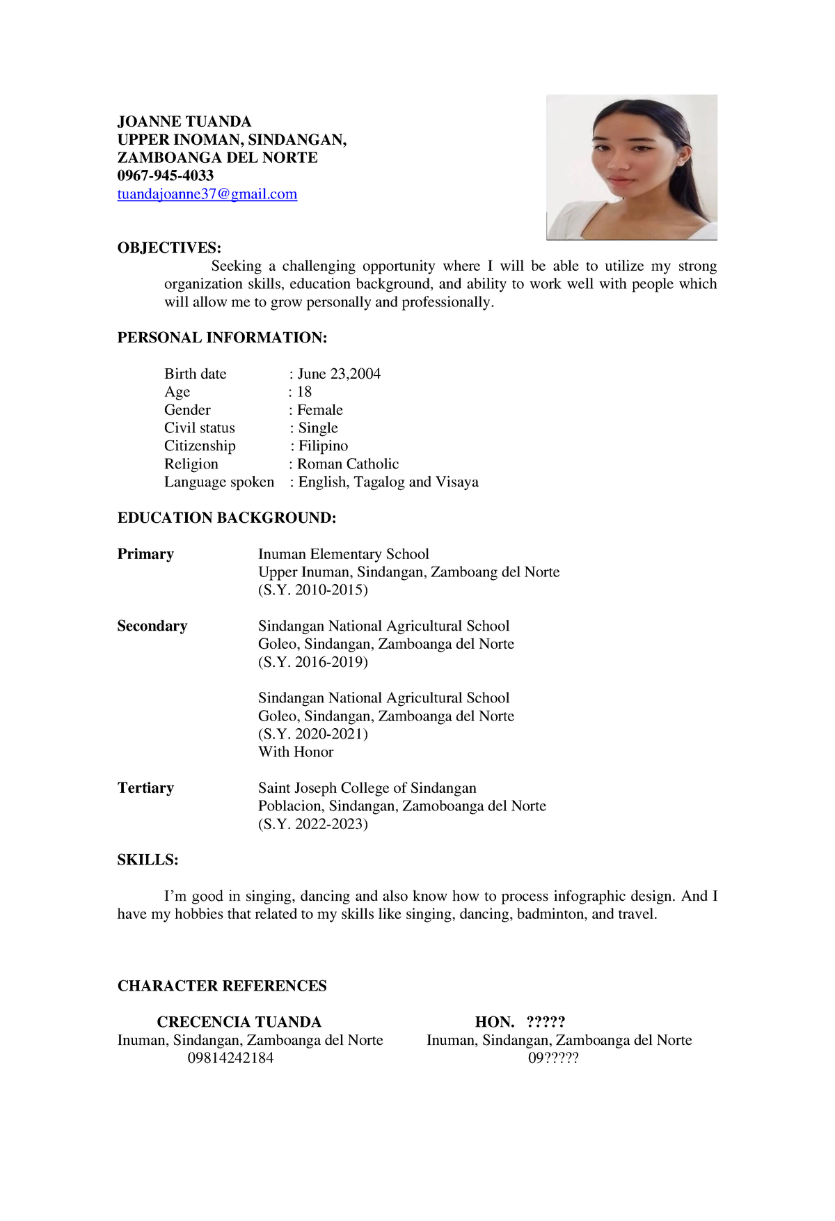 Joanne Resume Edited - JOANNE TUANDA UPPER INOMAN, SINDANGAN, ZAMBOANGA ...