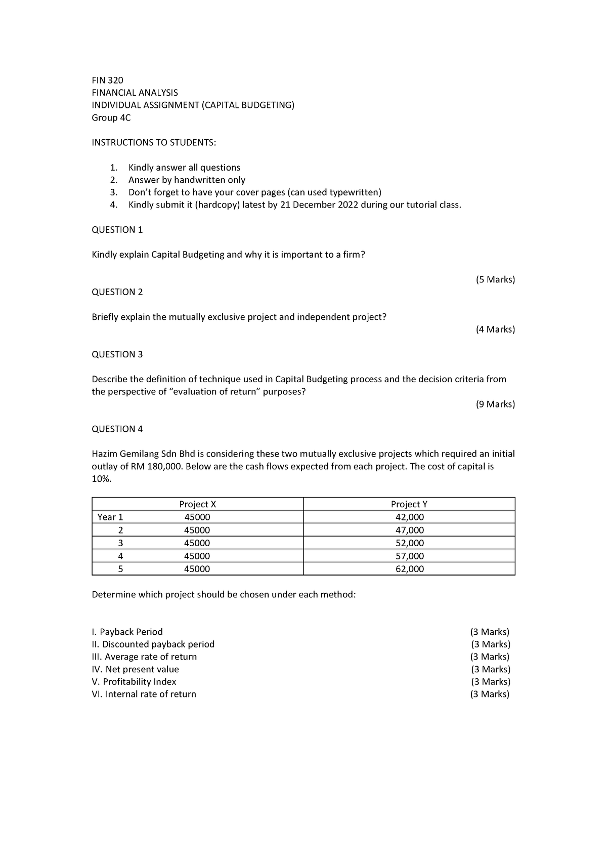 FIN 320 Individual Assignment ( Capital Budgetting) - Questions (4C ...