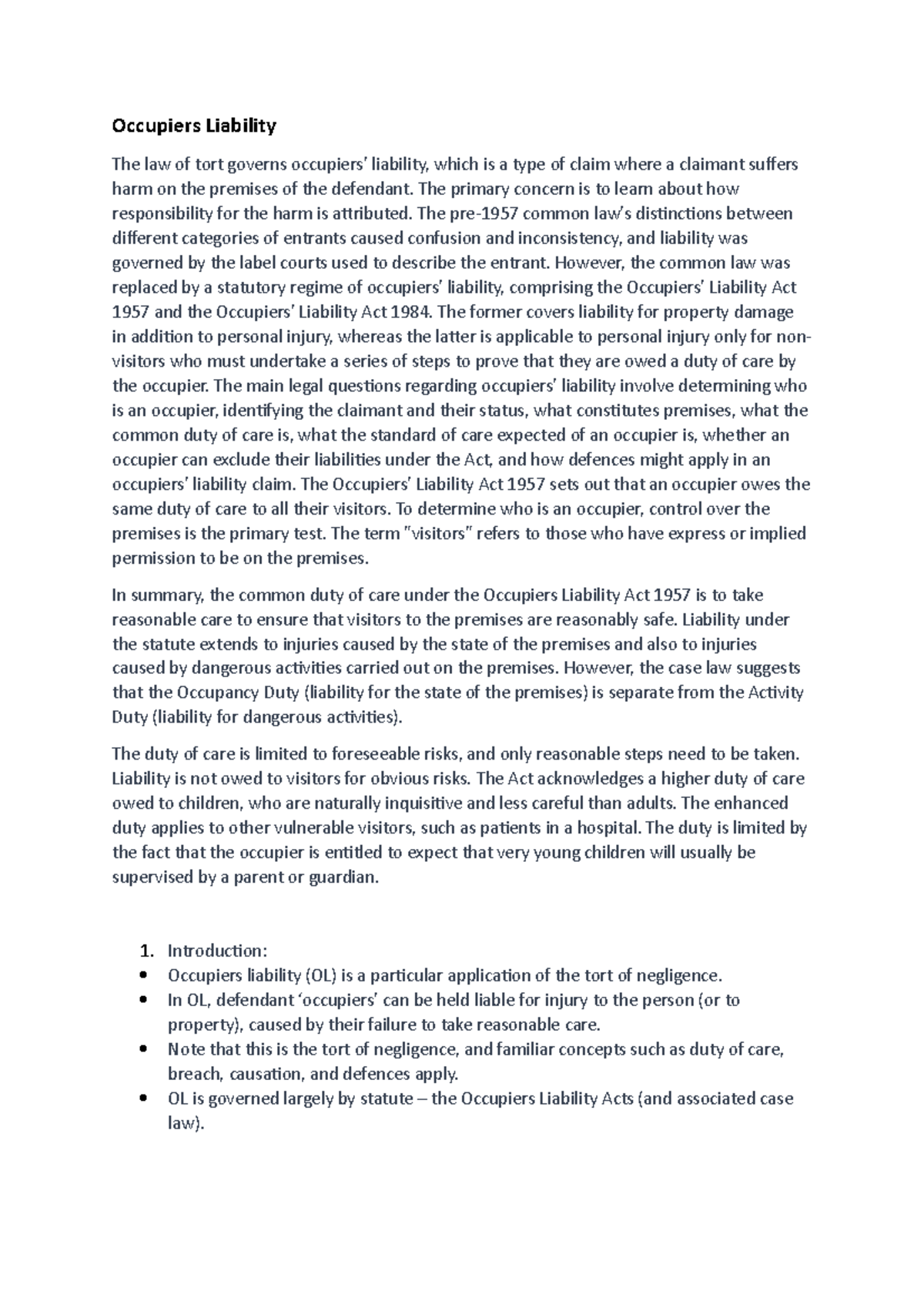 Occupiers Liability - Lecture notes - Occupiers Liability The law of ...