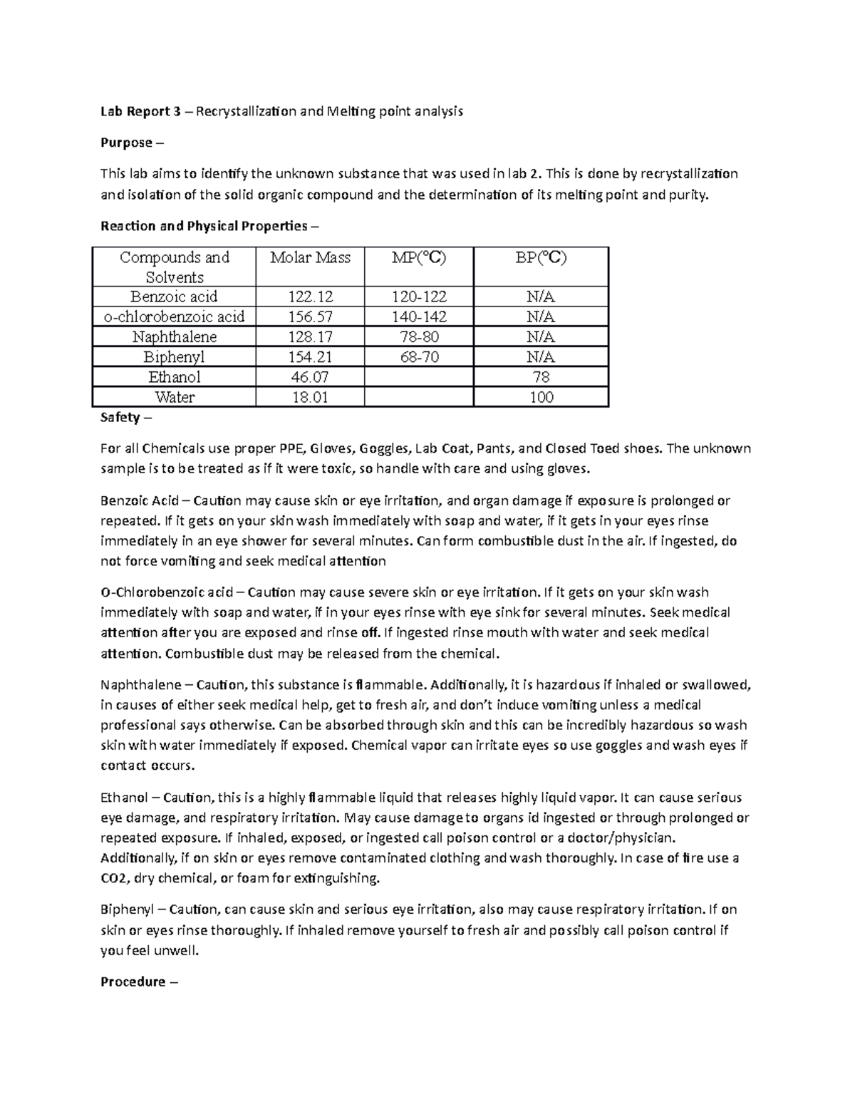 Lab Report 3 - Recrystallization And Melting Point Analysis - Lab ...