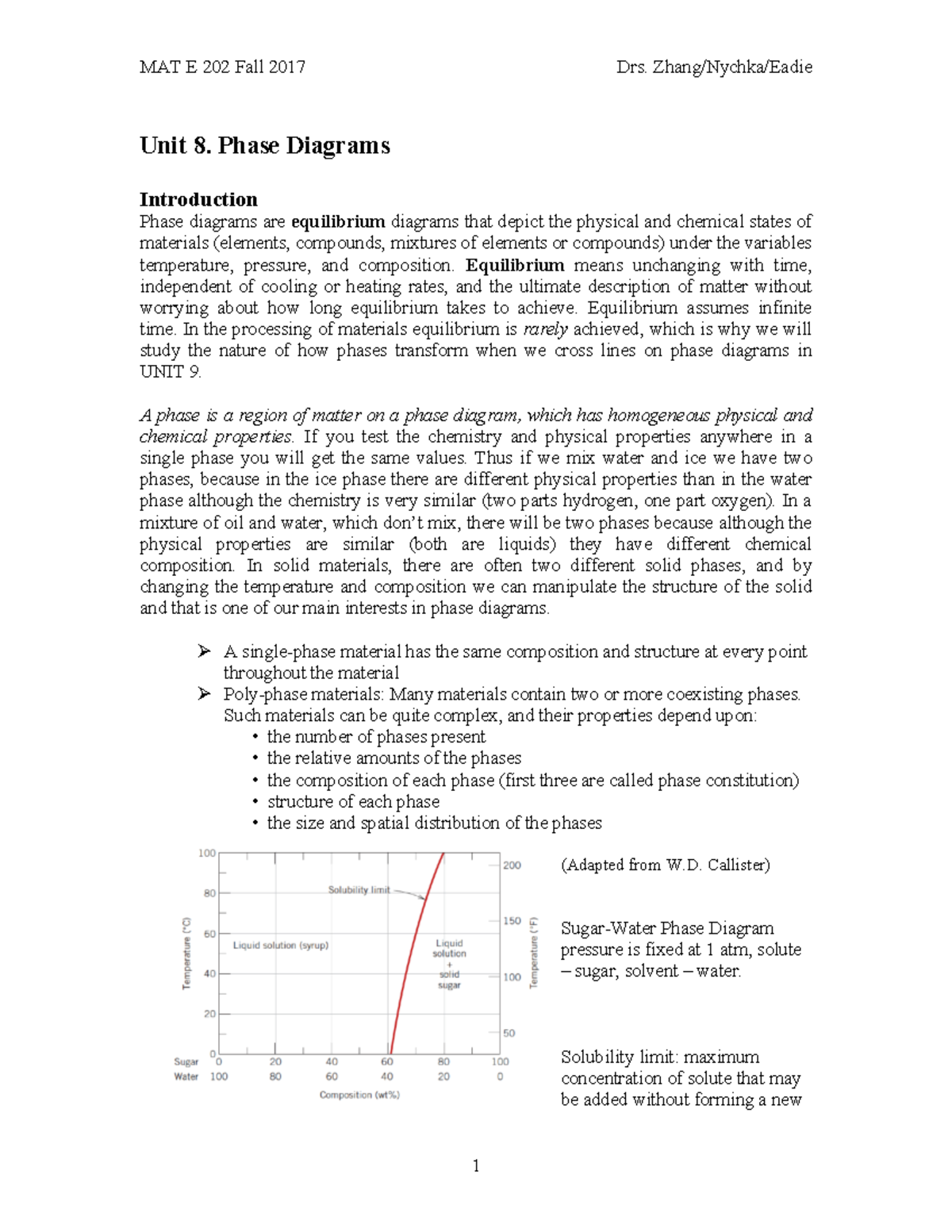 Lecture Notes 8 HZ2 234 Unit 8. Phase Diagrams Introduction Phase