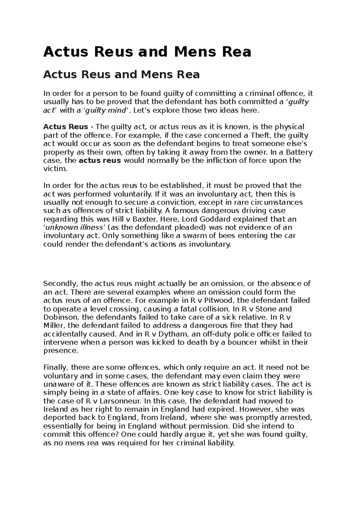 Actus reus and mens rea - Criminal Law - Actus Reus and Mens Rea Actus ...