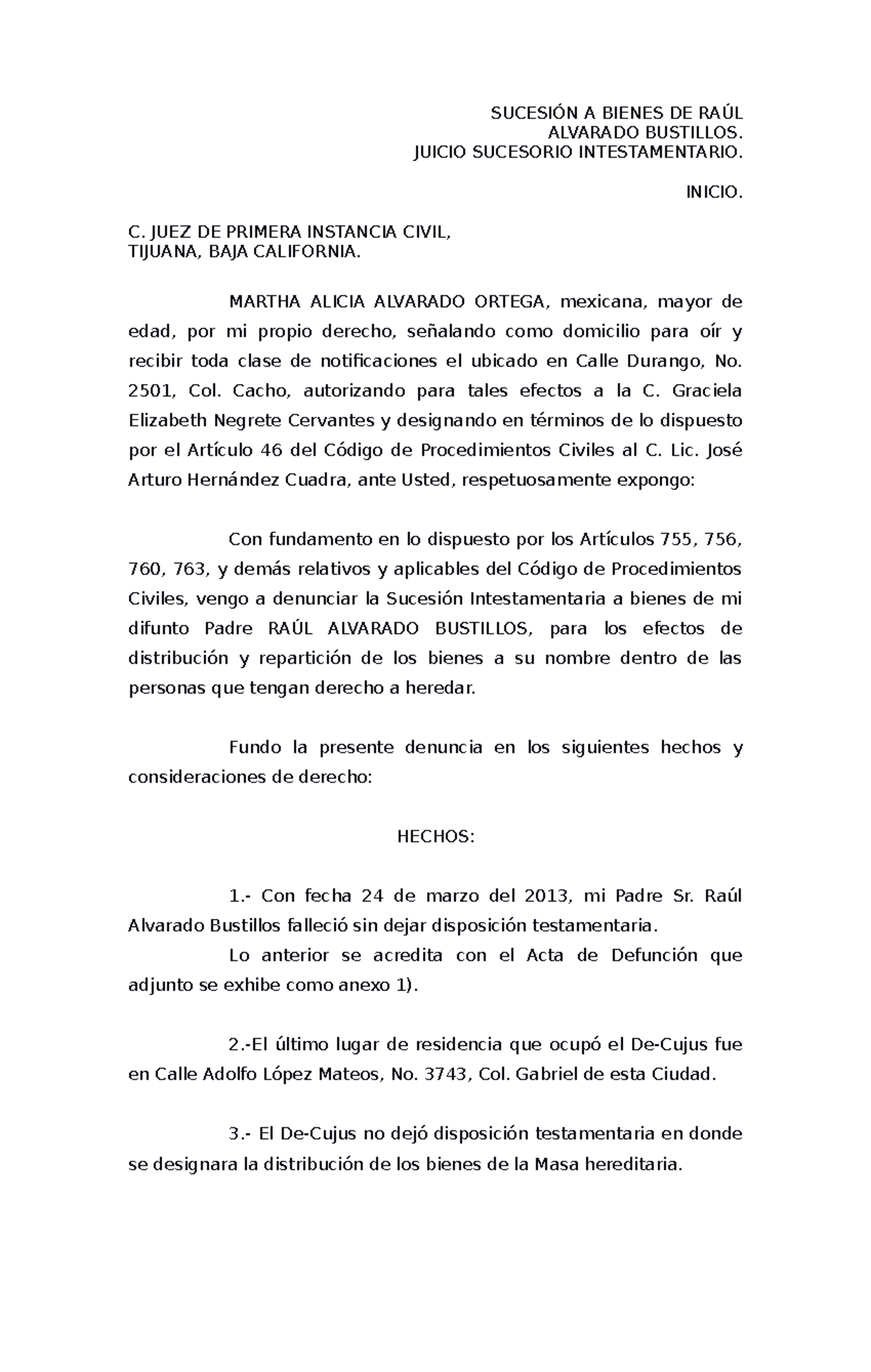 1 Inico Intestamentario SucesiÓn A Bienes De RaÚl Alvarado