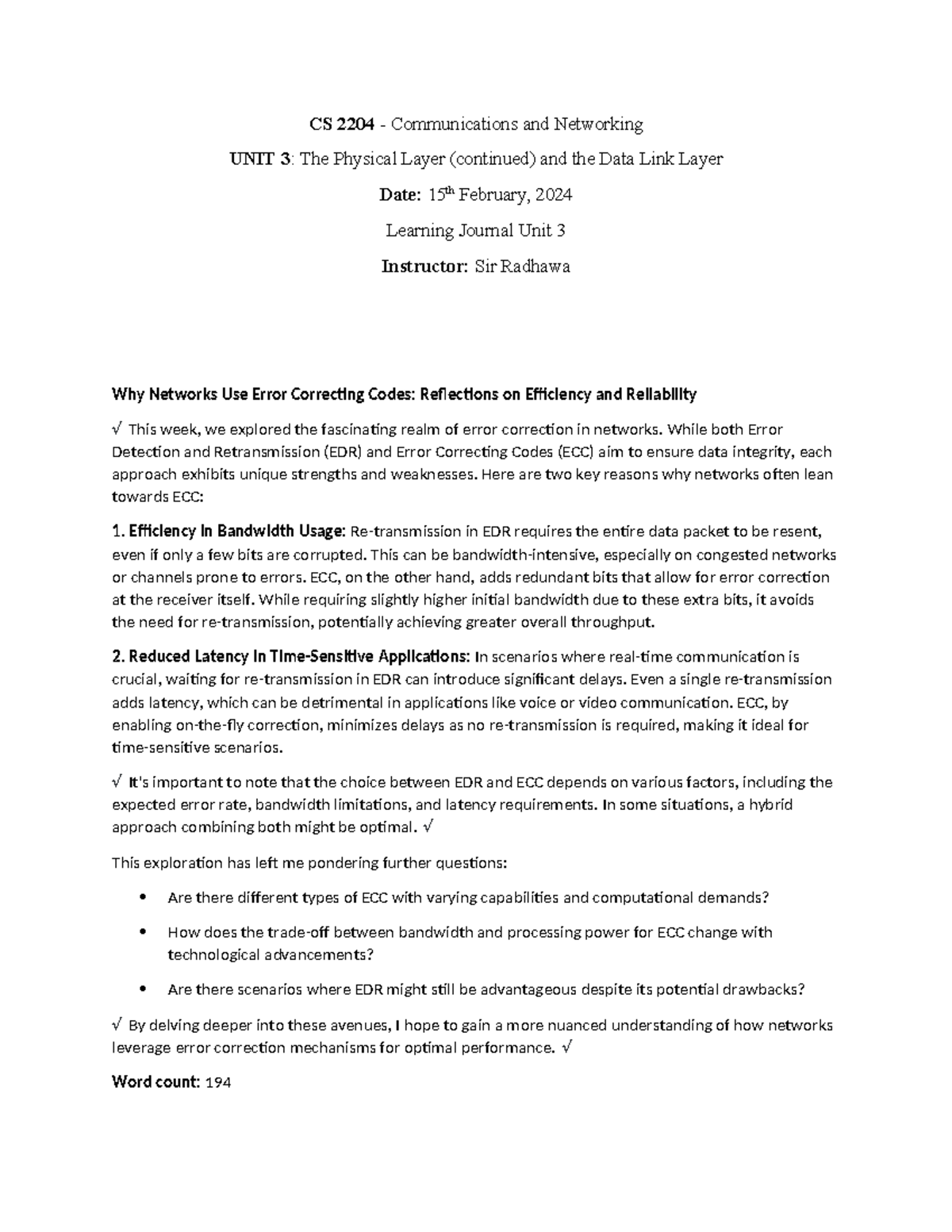 CS 2204 Learning Journal unit 3 - CS 2204 - Communications and ...