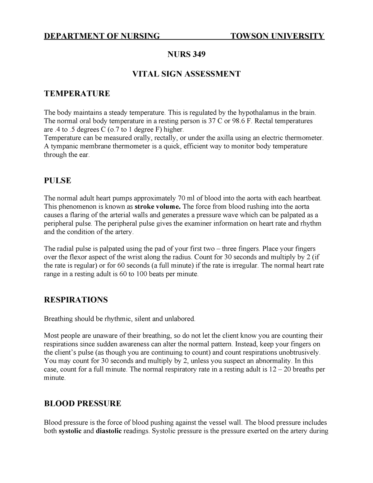 Vital Signs Assessment - DEPARTMENT OF NURSING TOWSON UNIVERSITY NURS ...