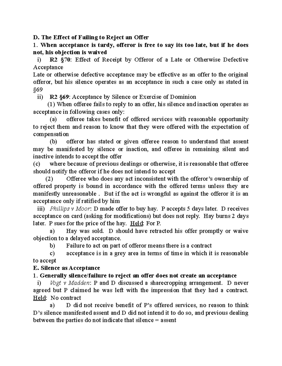 Contracts Law Outline 1 D. The Effect of Failing to Reject an Offer