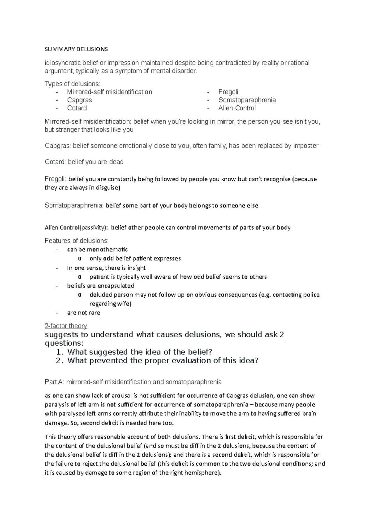 Delusions Summarised Notes - SUMMARY DELUSIONS idiosyncratic belief or ...