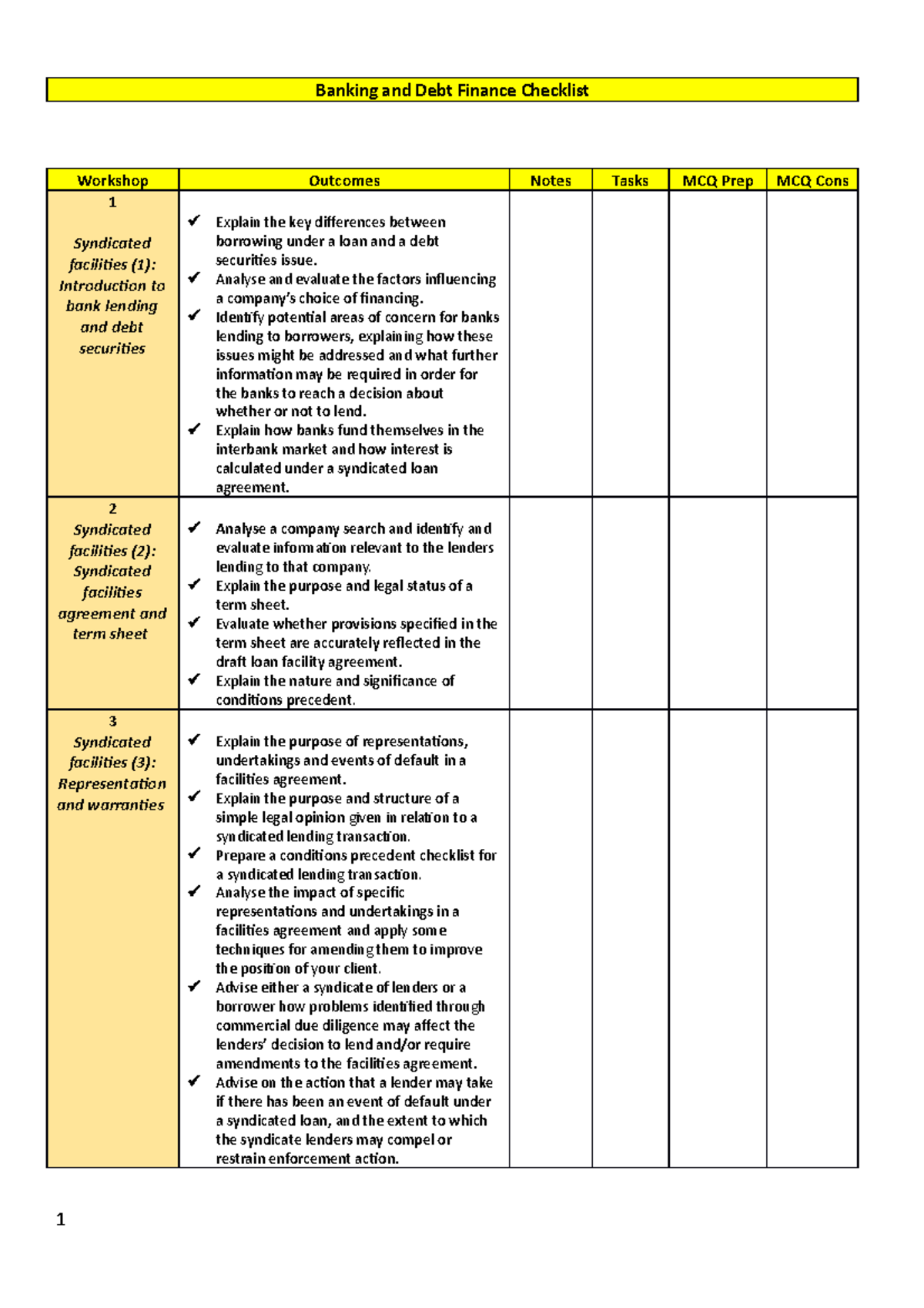 Banking and Debt Finance Checklist - Banking and Debt Finance Checklist ...