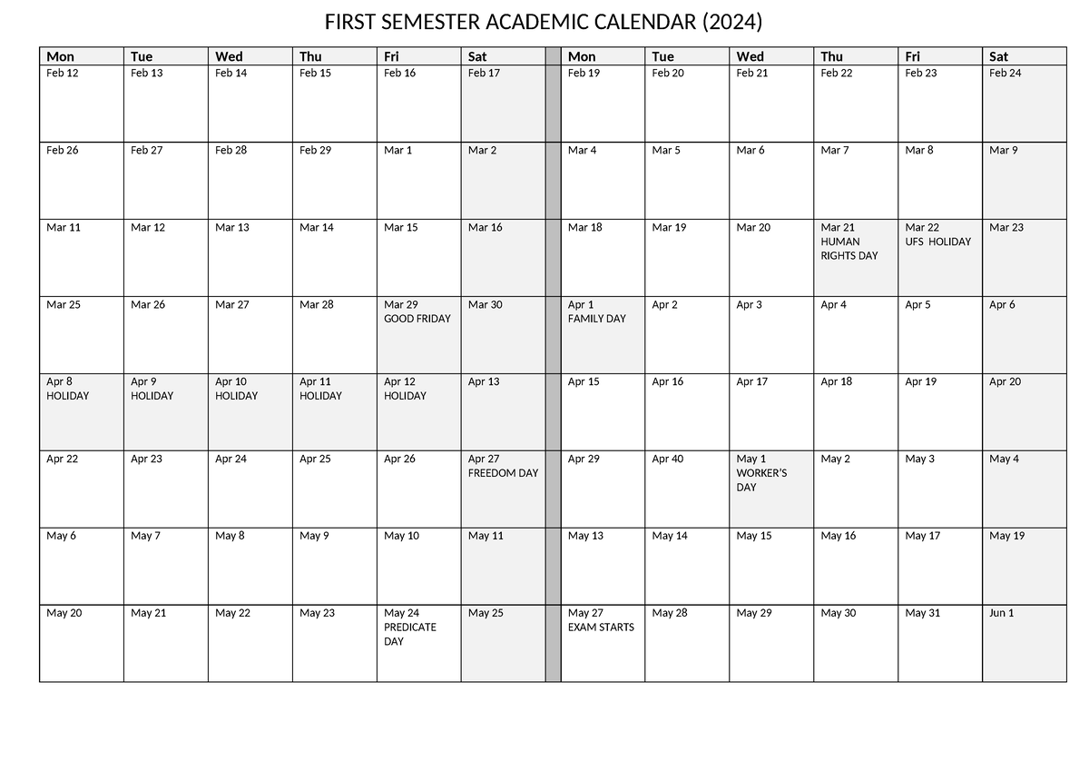 2024 First semester planning calendar - Mon Tue Wed Thu Fri Sat Mon Tue ...