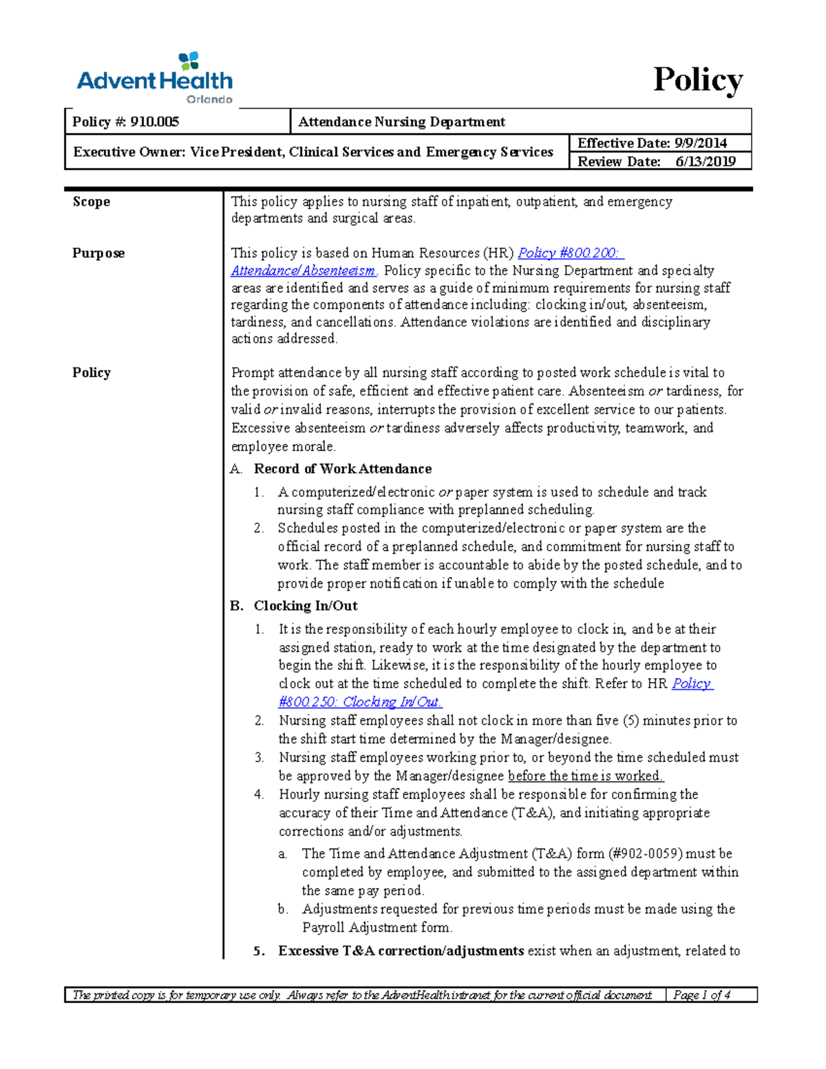 Attendance Nursing Department - Policy #: 910 Attendance Nursing ...