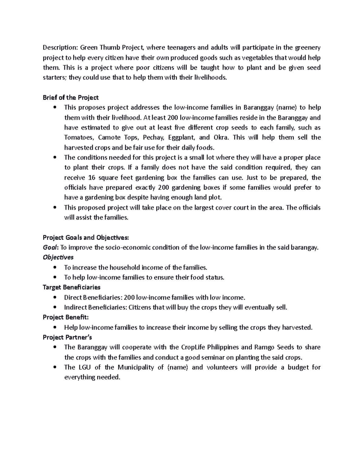 Project Proposal for Green Thumb Project - Narrative Essay - Studocu