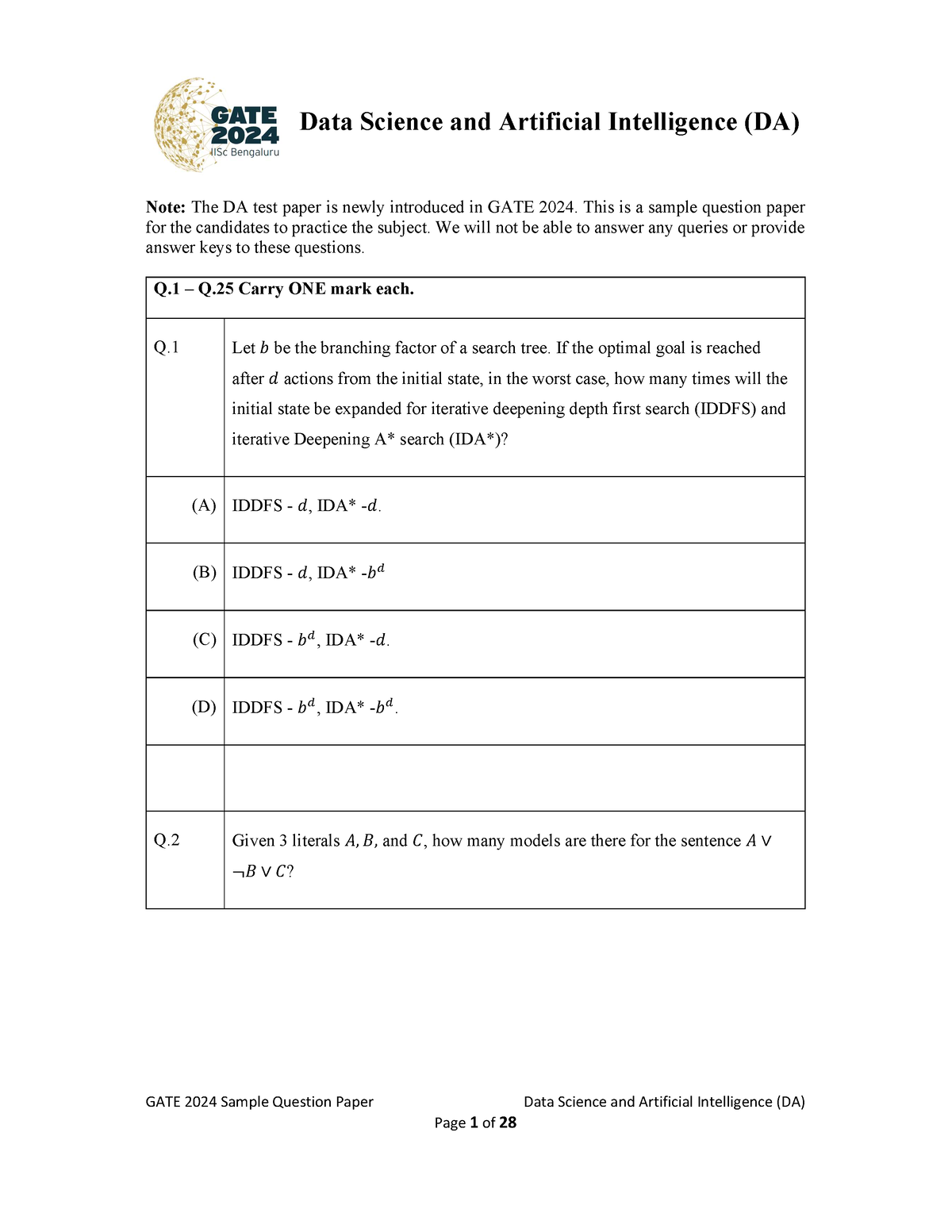 Data Science AISample Question Paper GATE 2024 Sample Question Paper   Thumb 1200 1553 