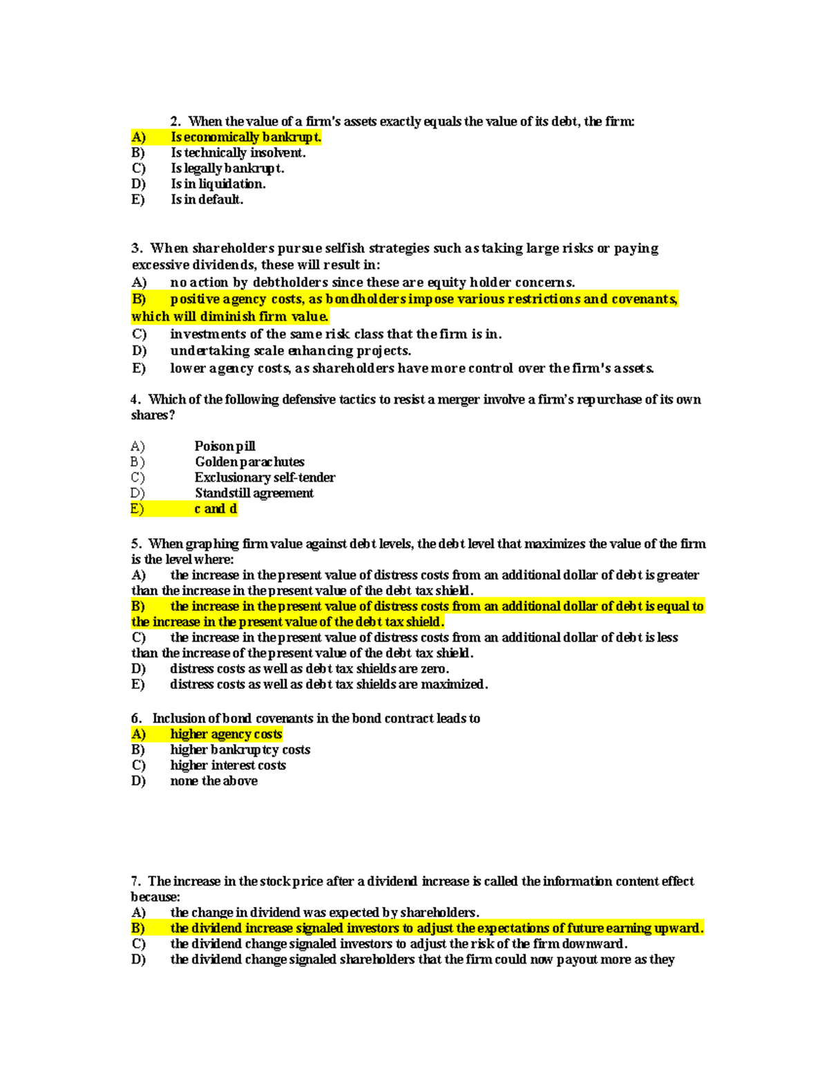 Business finance exam - When the value of a firm's assets exactly ...