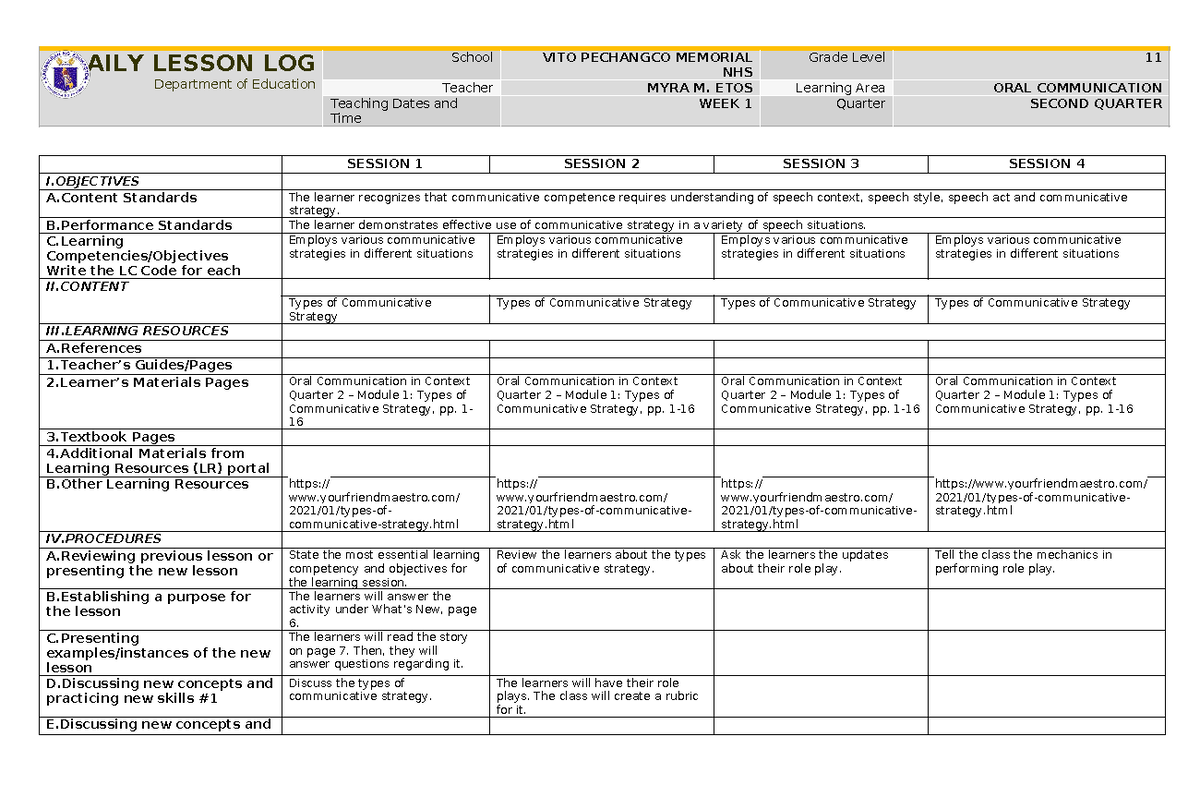 OC Q2 W1 - DLL - DAILY LESSON LOG Department of Education School VITO ...