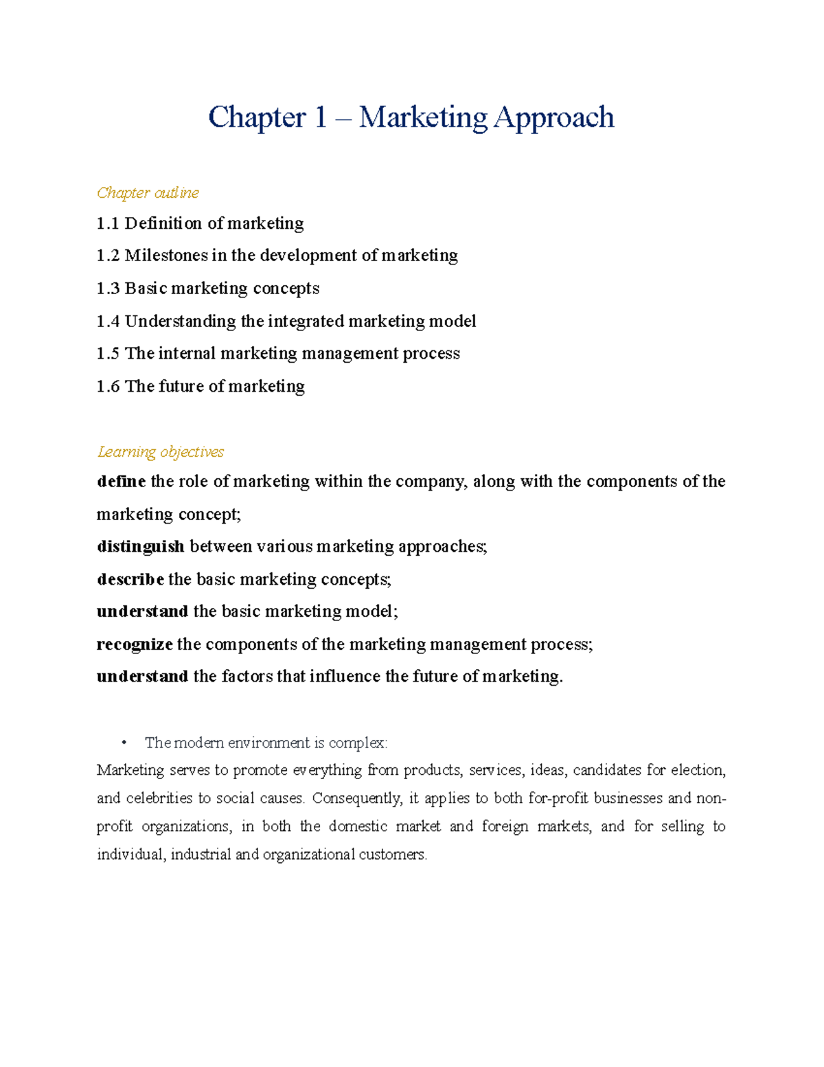 Chapter 1 - Lecture notes book - Chapter 1 – Marketing Approach Chapter ...