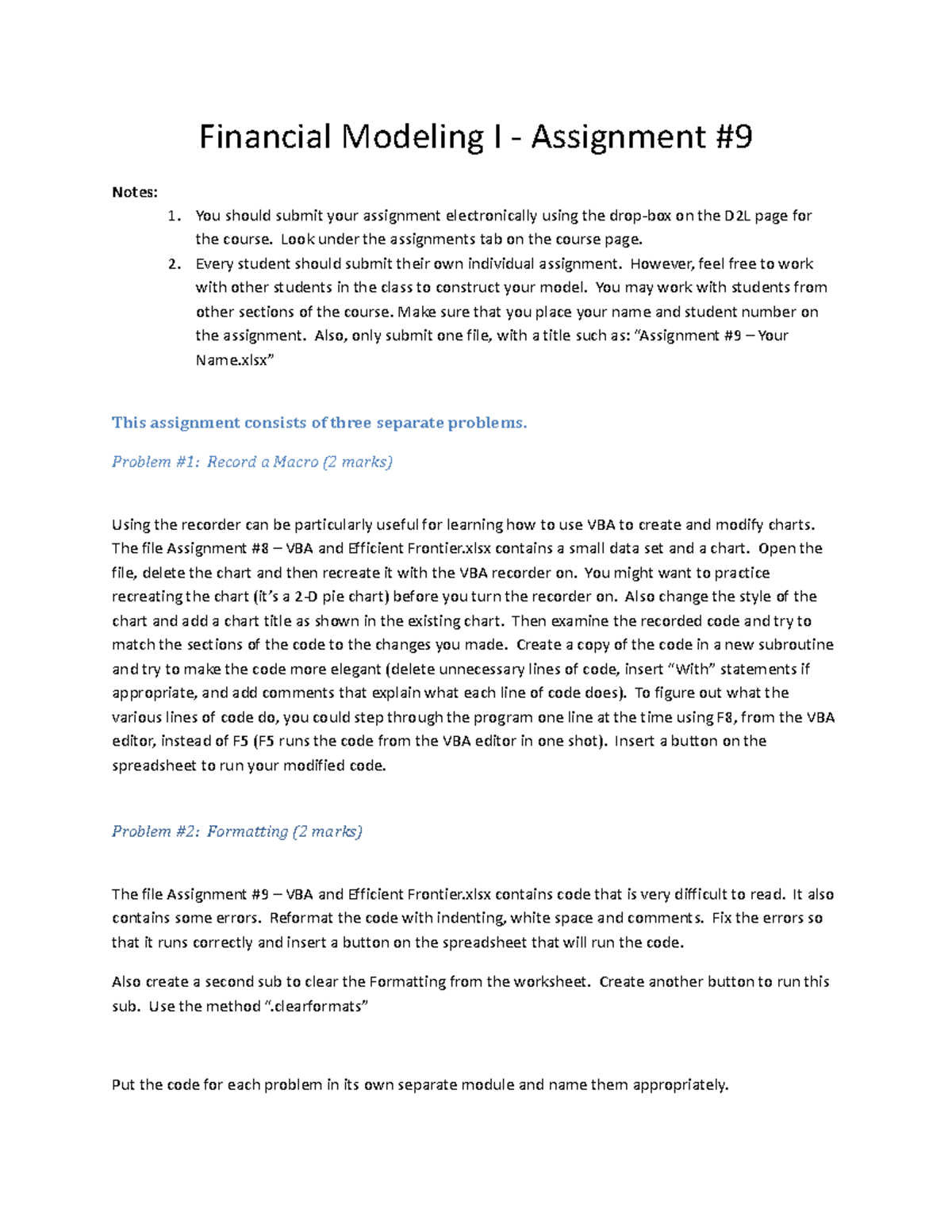 Assignment #9 - VBA and Efficient Frontier - Instructions - Financial ...