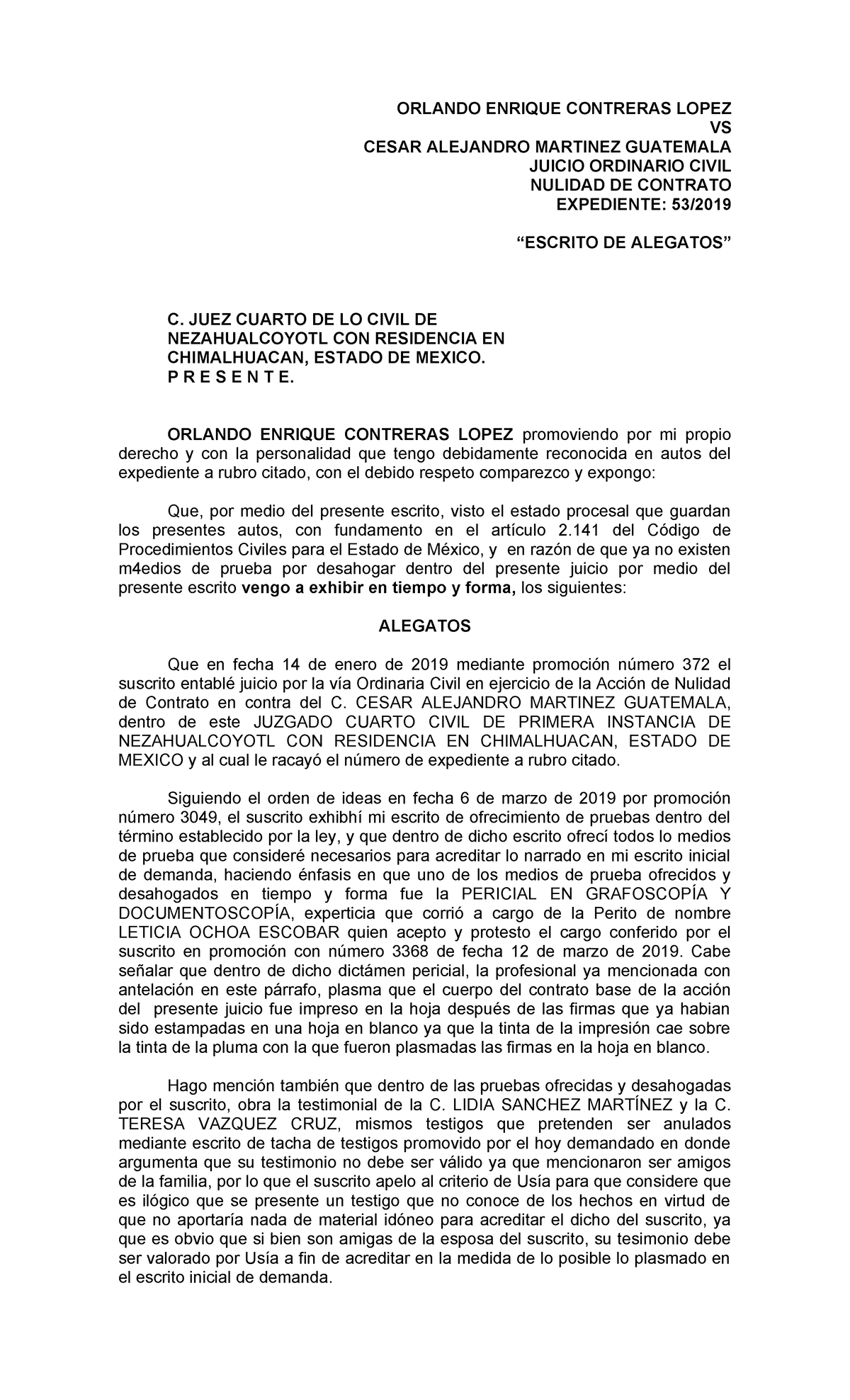 Alegatos Nulidad - ORLANDO ENRIQUE CONTRERAS LOPEZ VS CESAR ALEJANDRO ...