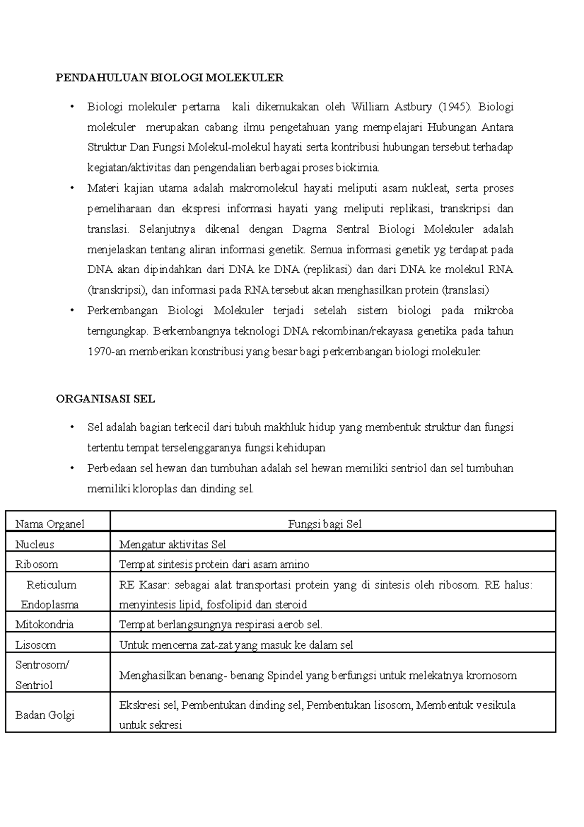 Rangkuman Biomol - PENDAHULUAN BIOLOGI MOLEKULER Biologi molekuler ...