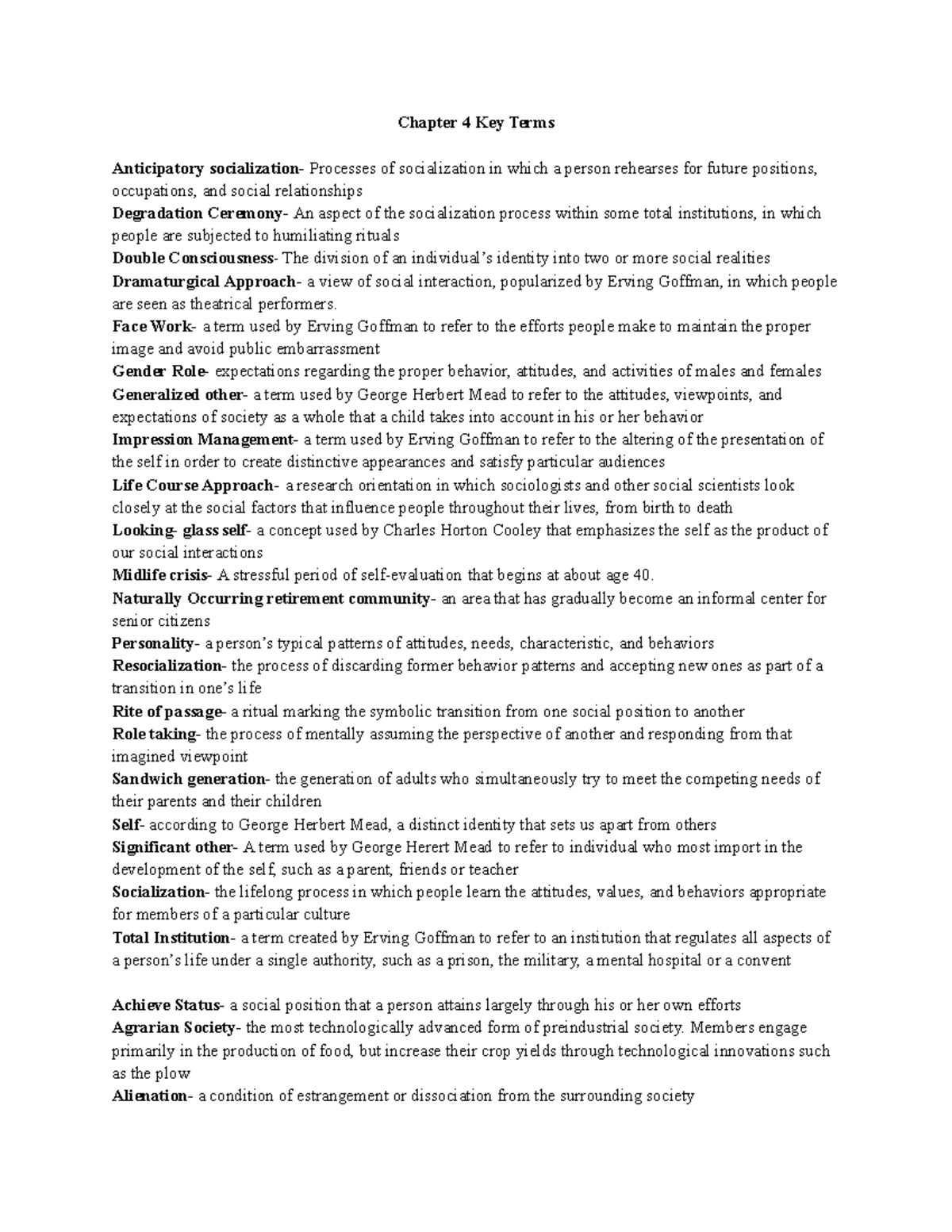 Sociology Exam 2 Key Terms - Chapter 4 Key Terms Anticipatory ...