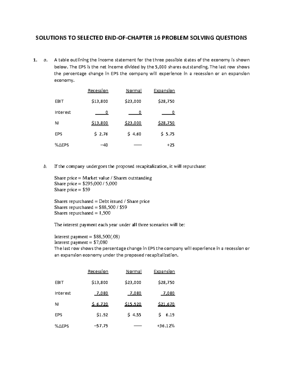 Sample practice Exam 25 December 2020 Answers SOLUTIONS TO SELECTED END OF CHAPTER 16 PROBLEM 