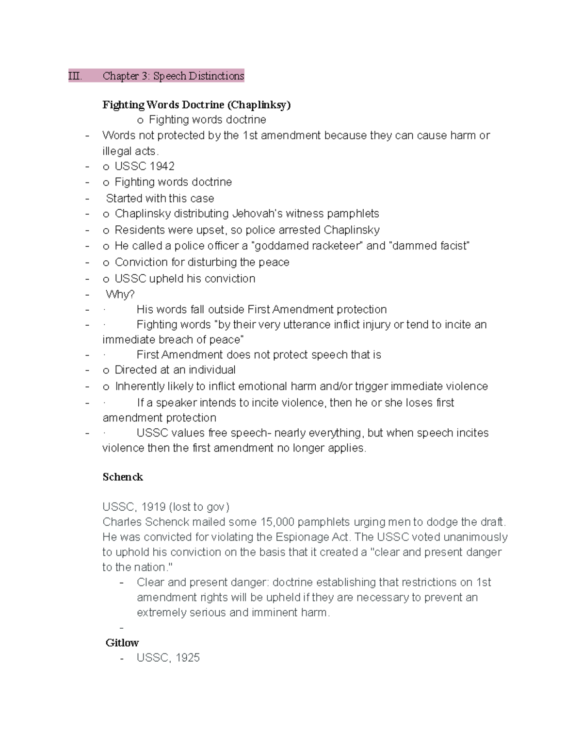 Chapter 3 Media Law Lecture notes 10 III. Chapter 3 Speech