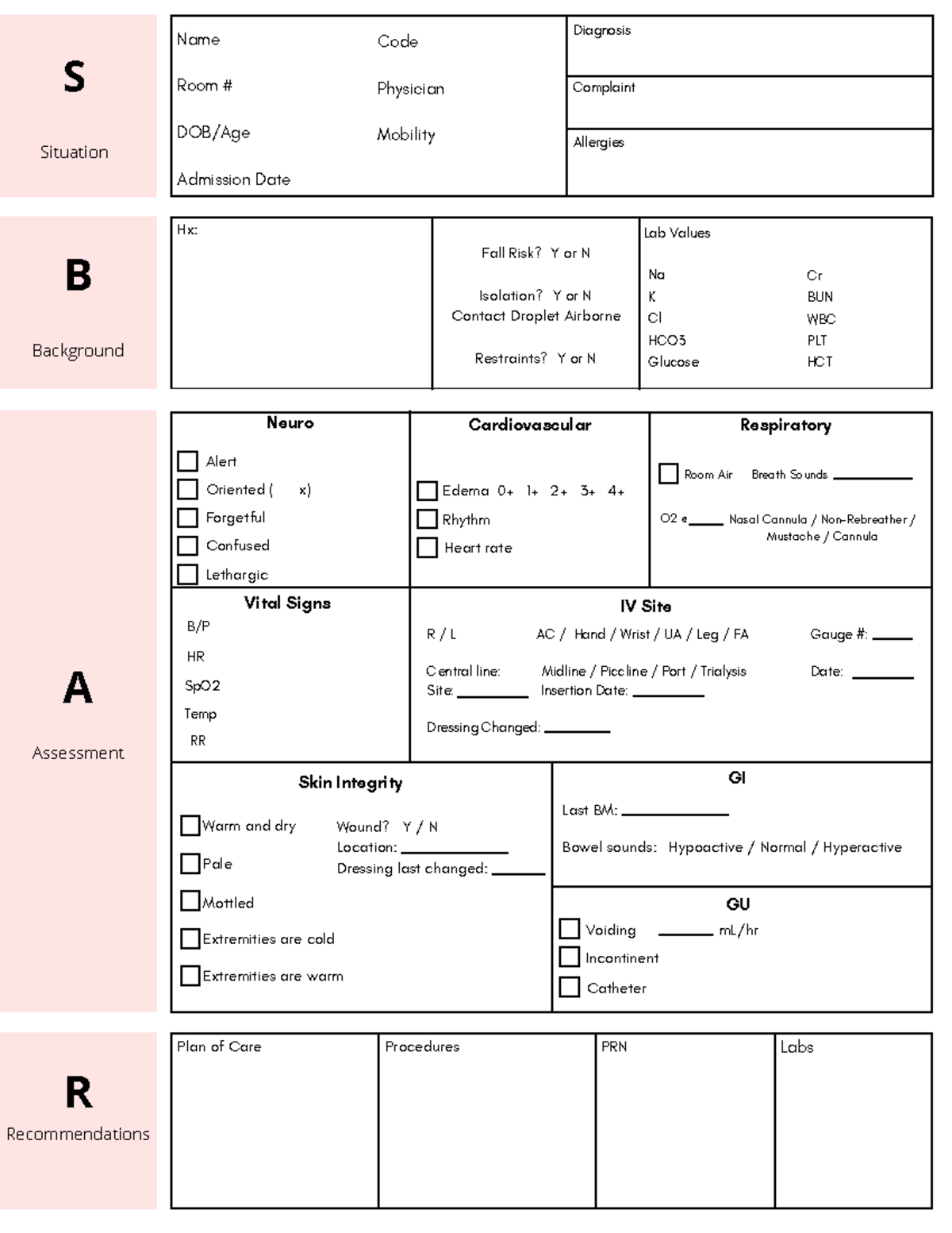 SBAR (1) 2 - SBAR Template - S Situation B Background A Assessment R ...