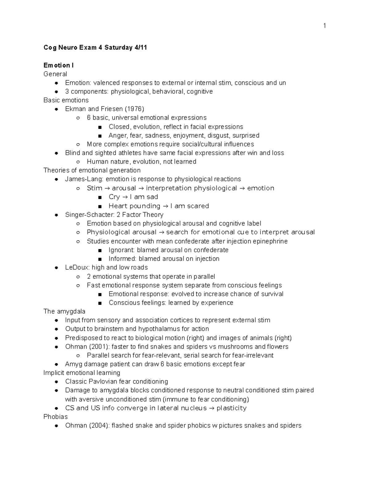 Exam 4 Study Guide - Cog Neuro Exam 4 Saturday 4/ Emotion I General ...
