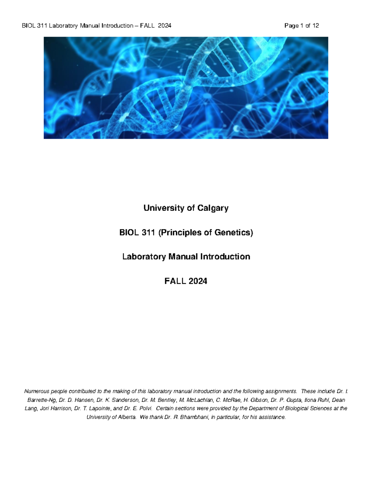 Lab manual intro BIOL 311 Fall 2024 - University of Calgary BIOL 311 ...