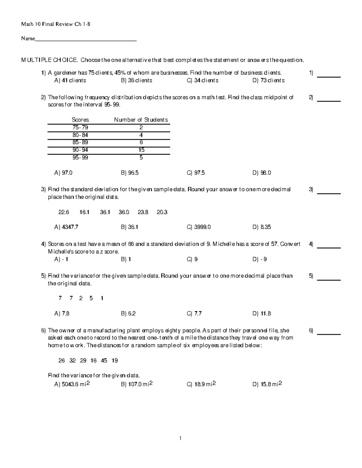 Final Autumn 2020, questions - Math 10 Final Review Ch 1- Name