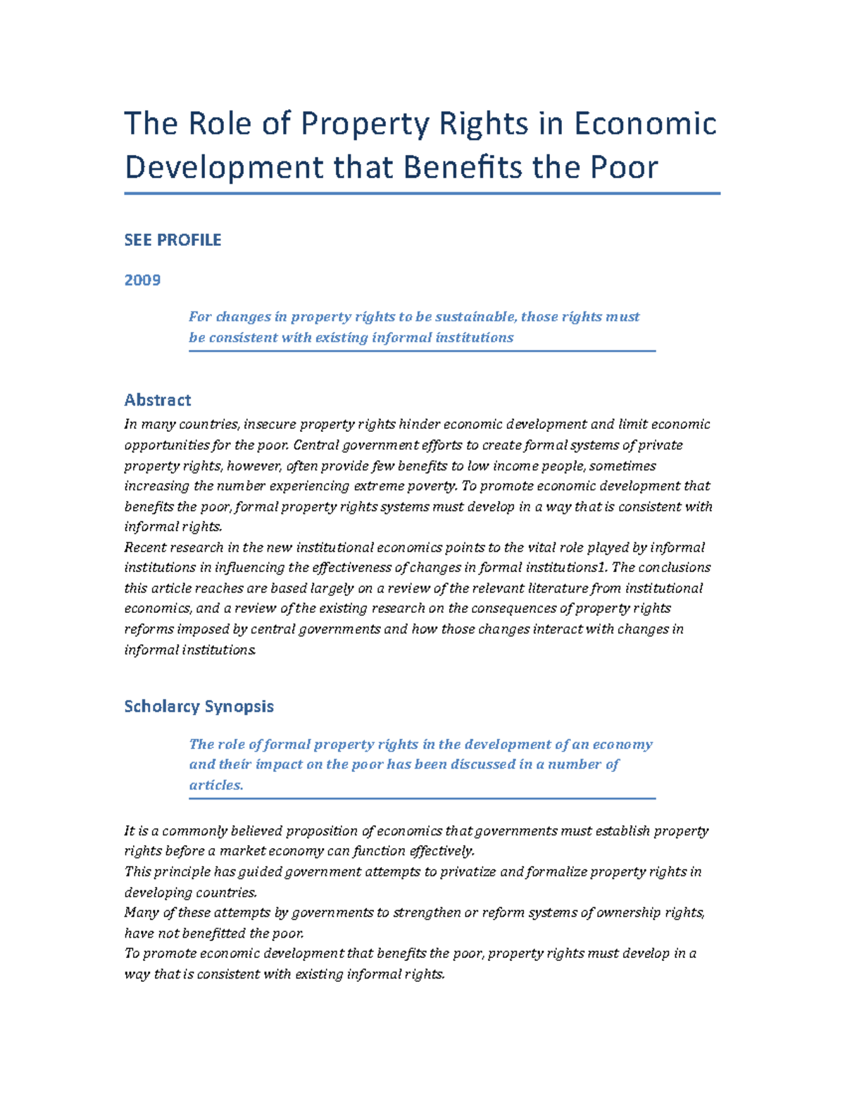 The Role of Property Rights in Economic Development that Benefits the
