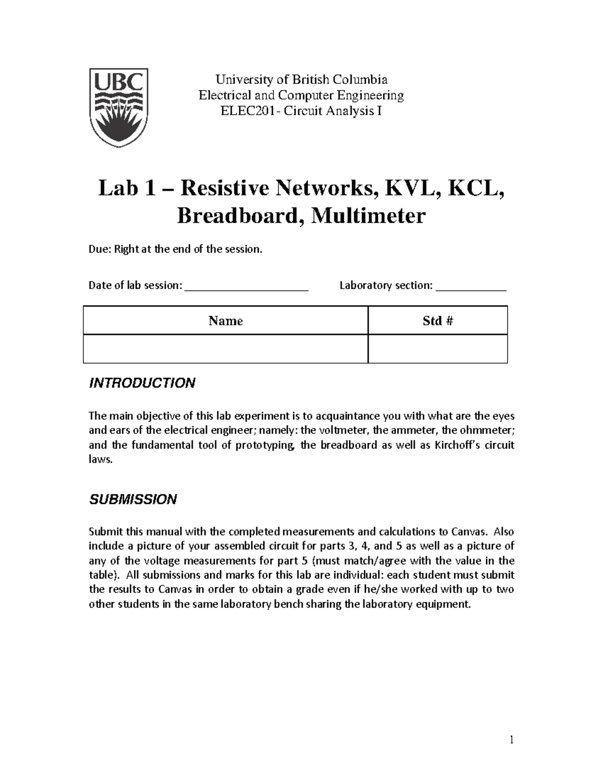 ELEC201 Lab1 2021 - LAB 1 - University Of British Columbia Electrical ...
