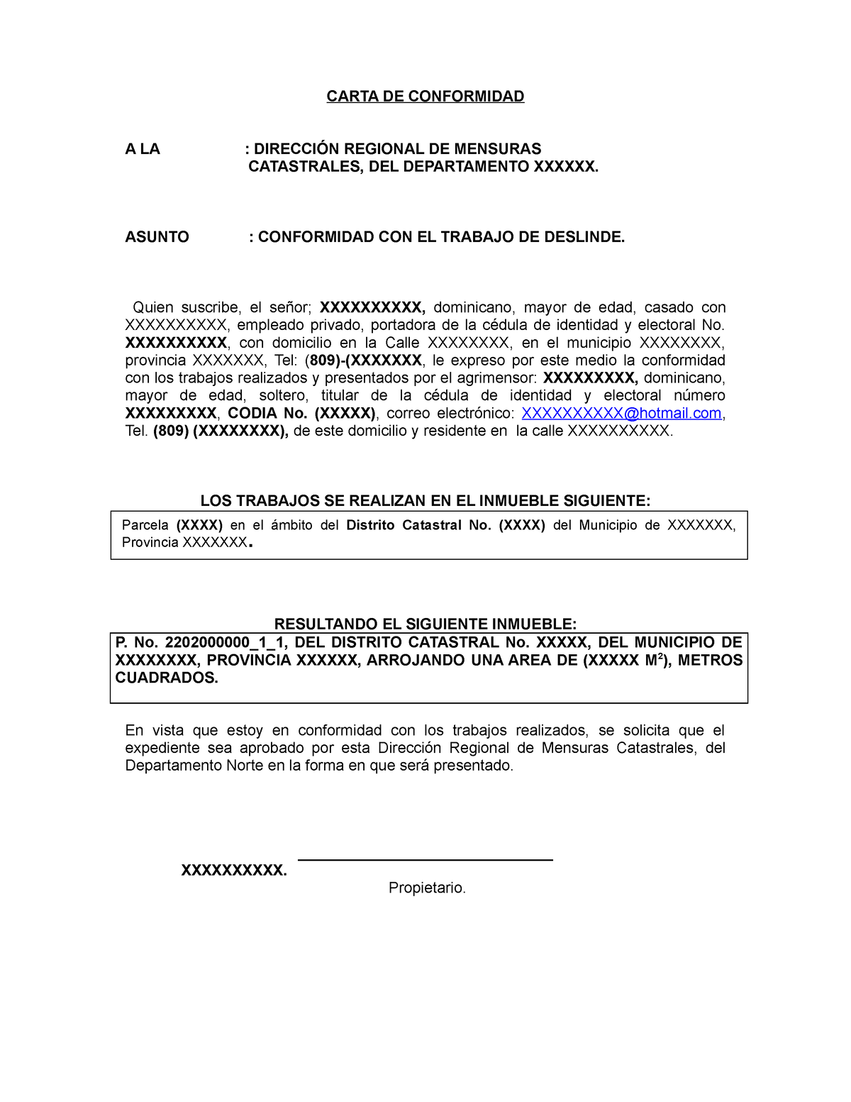 Carta De Conformidad Carta De Conformidad A La DirecciÓn Regional De Mensuras Catastrales 4700