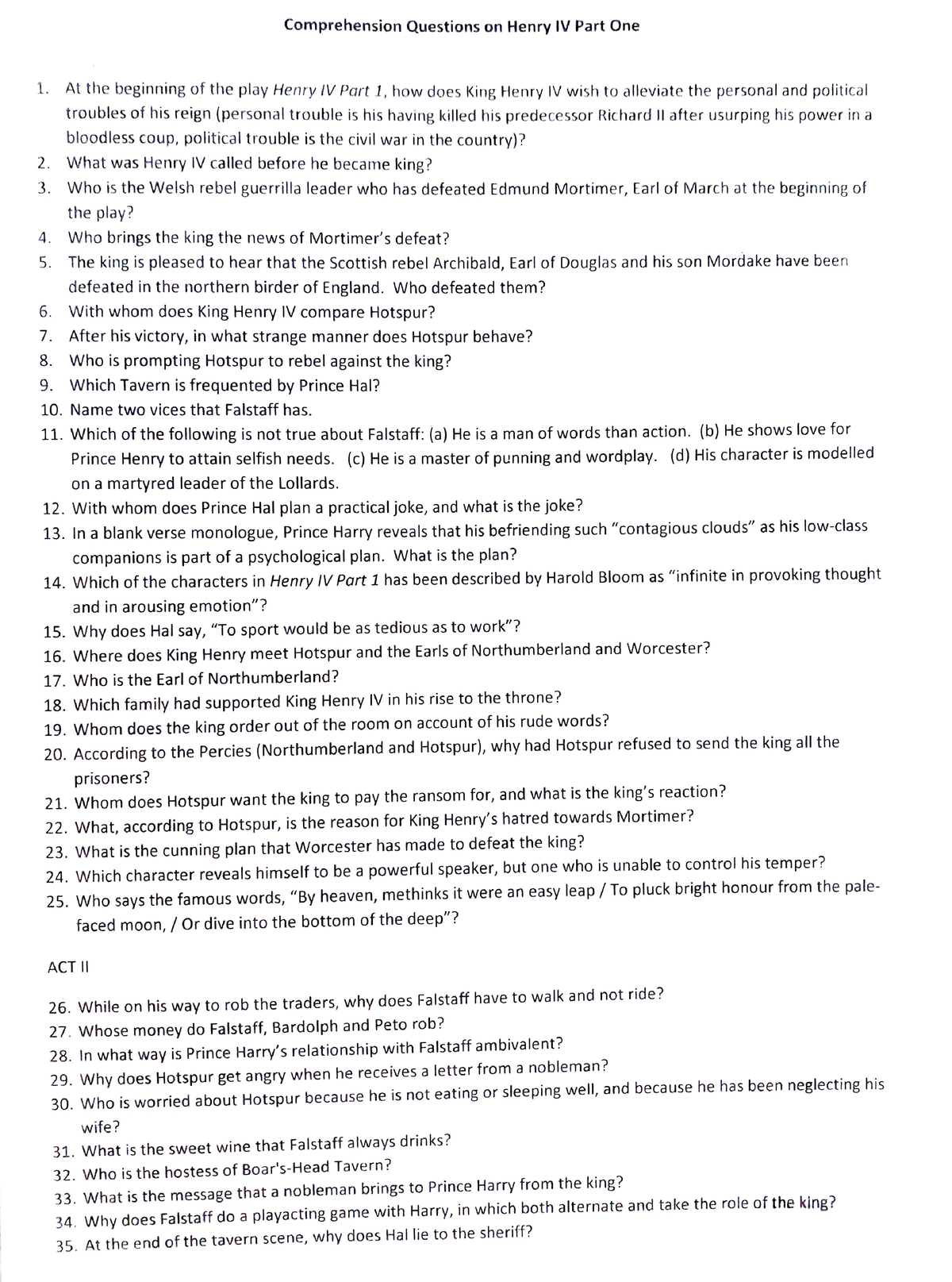 Henry IV Question & Answers - Comp reh ension Question s on Henry IV ...