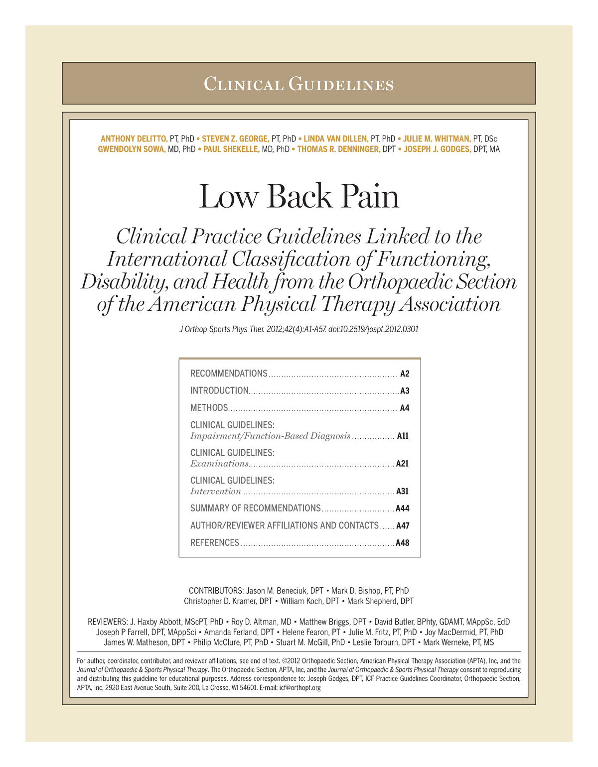 Low Back Pain Clinical Practice Guidelines Jospt 2012 - Clinical ...